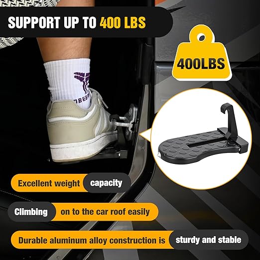 Nilight Car Door Step for Roof Access Universal Car Step Hook for Roof SUV Trucks Folding Aluminum Alloy Vehicle Door Latch Step Pedal with Glass Breaker Safety Hammer, Max Load 400lbs, 1 Pack Black
