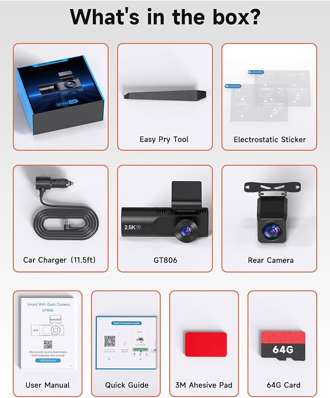 3 Channel Dash Cam, Dash Camera 2.5K Front and Dual 1080P Inside/Rear with 64GB Card, Wi-Fi Dash Cam Front and Rear, Night Vision, G-Sensor, 24H Parking, Loop Recording, 1.97”IPS, Support 256GB