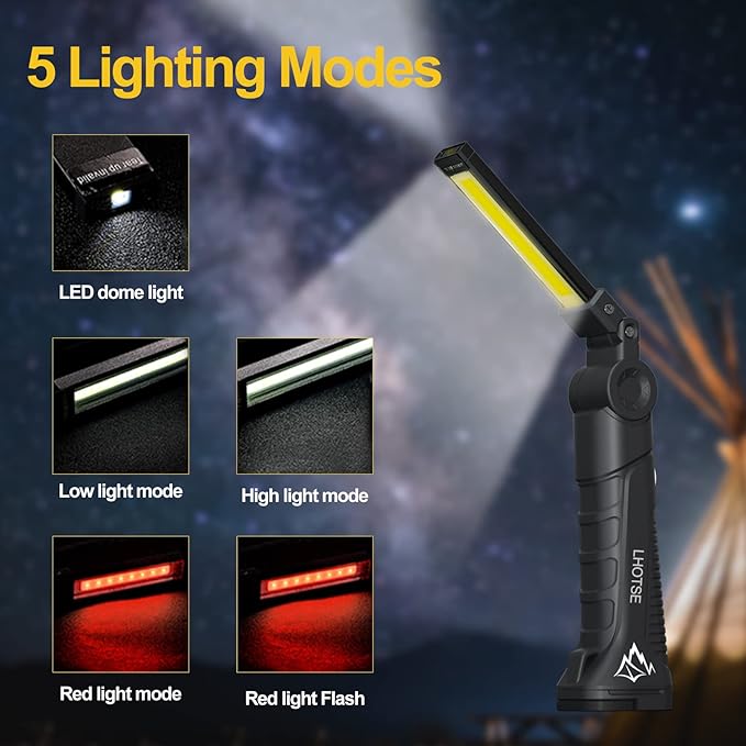 LHOTSE Rechargeable Work Lights, LED Work Light with Magnetic Base and 360° Rotation Stand, 5 Modes COB Bright Flashlights Inspection Light for Car Repair, Home, Garage, Emergency,BBQ,Camping (1pack)