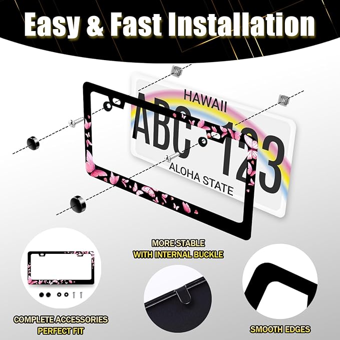 Butterfly License Plate Frame Pink Butterflies License Plate Stainless Steel Funny Accessories Cars Decor 12.2 X 6.2 Inch with 2 Holes and Screws Fits Standard Us Ca Vehicles