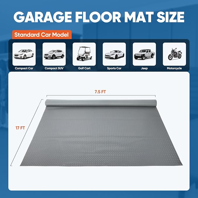 7.5 x 17 FT Garage Floor Mat, Thickened Diamond Plate PVC Garage Parking Mat, Heavy Duty Flooring Roll Mats Waterproof Non-Slip Floor Protector, for Car, Trailer, SUV, Basement, Gym, Shed - Gray