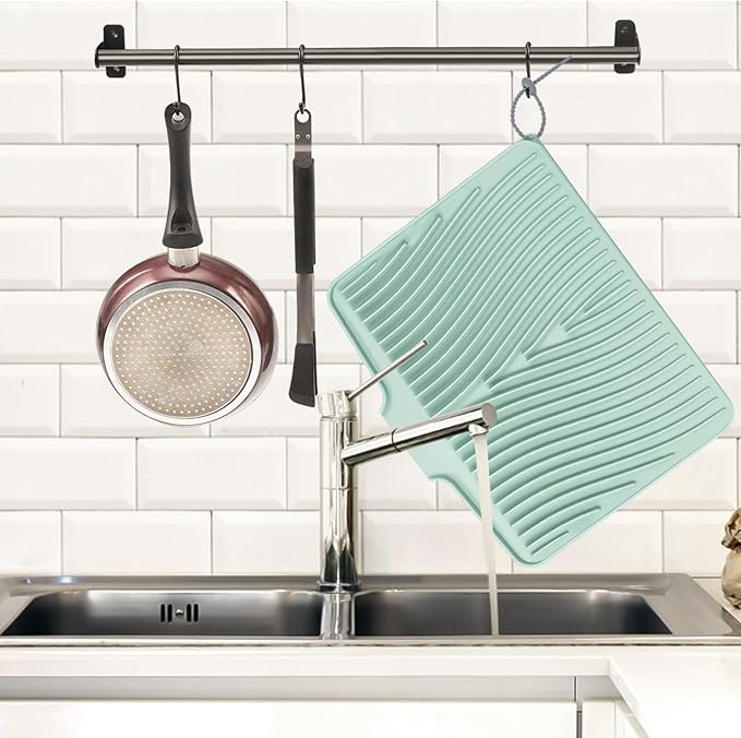 Silicone Dish Drying Mat, Stone Drying Mat for Kitchen Counter with Built-In Drain, Non-Slip Drain Pad with Built-in Drain, Heat Resistant Stone Drying Mat, 1Pcs 19.7" x 17", Mint