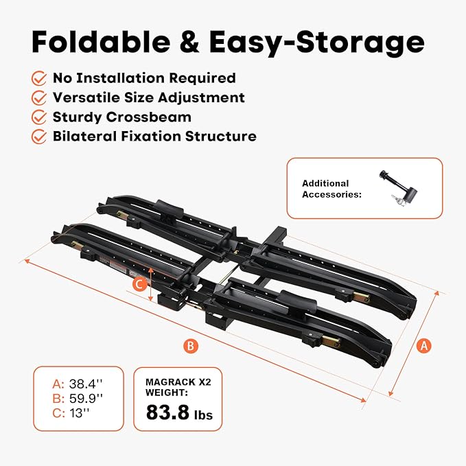 MagRack X2 Hitch 2 Ebike Rack, 150 lbs Capacity Electric Bike Carrier with 2 Arms, Foldable Bike Racks for Tow Hitch Up to 3.5-in Fat Tire 2" Receiver w/Lock
