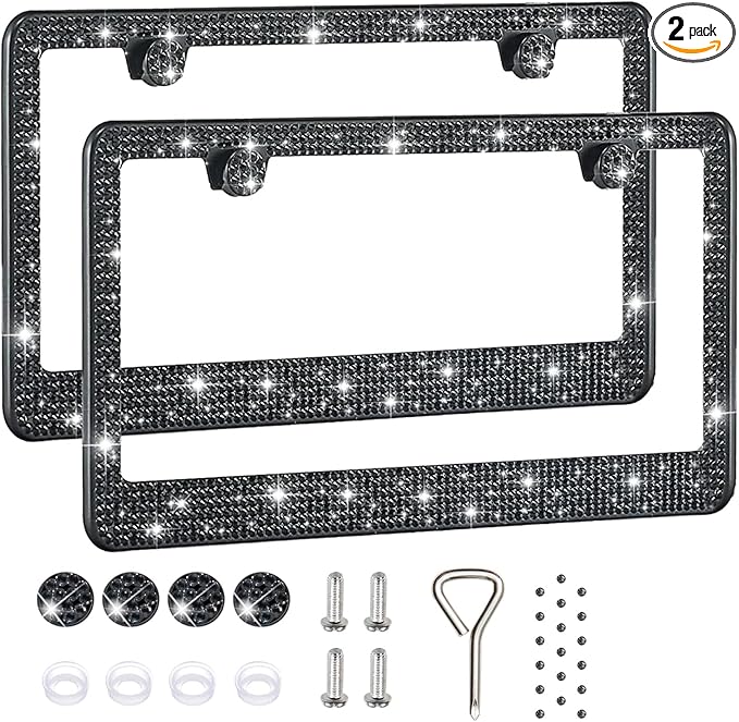 2 Pack License Plate Frames for Women, Sparkly Rhinestone Diamond Car Accessories with Glitter Crystal Caps (Black (2PCS))
