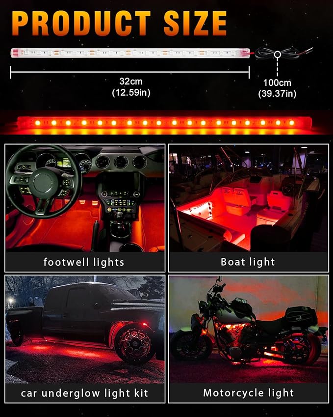Qasim Car LED Strip Light 12V Red 12.5''/32CM for Golf Cart Underglow Boats Vehicle Automotive Truck Van Motorcycle Footwell Lighting IP67 Waterproof, Pack of 6