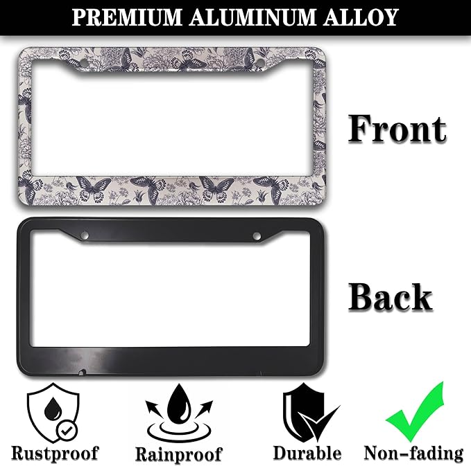 Automotive Exterior Accessories Black and White License Plate Frames Butterfly Flowers Universal Aluminum Car Accessory 2 Pack with Screw Covers Set