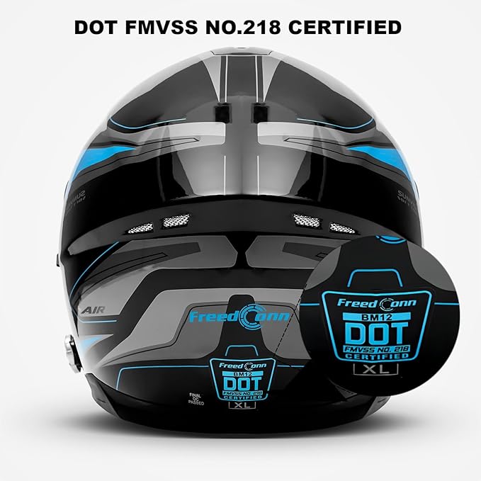 FreedConn BM12 Bluetooth Full Face Motorcycle Helmet with Intercom System Dual Visor Bluetooth 5.0 Motorbike Helmet 2~3 Riders Pair/ 500M/ FM ( Blue & Black, X-Large)
