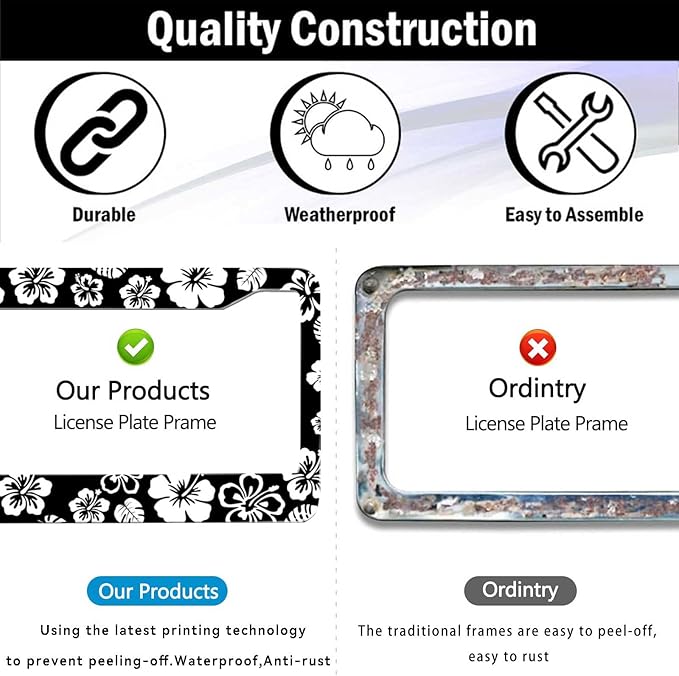 2 Pack Hibiscus License Plate Frame-Rustproof Aluminum White Hibiscus Floral Car Tag Holder Bracket for Women Men, Hibiscus Car Accessories with Screws Included