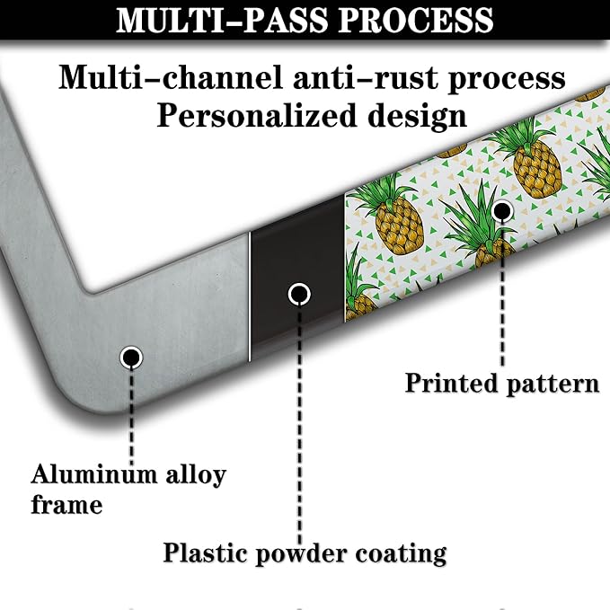 Car License Plate Frame Black Yellow License Plate Frames Yellow Pineapple Aluminum Metal Car Accessory 2 Pack with Screw Covers Set