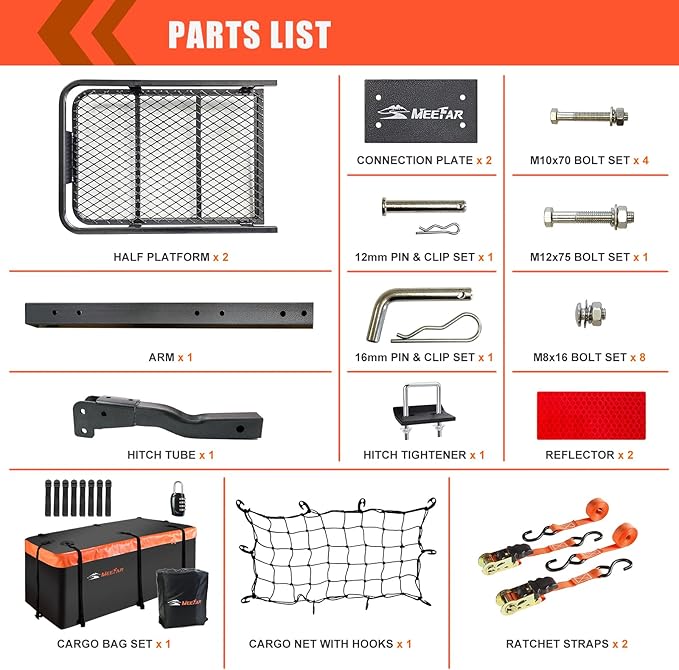 MeeFar Folding Hitch Mount Cargo Carrier Basket 60" X 20" X 6"+Waterproof Cargo Bag 16 Cubic Feet(58" 19" 24"),Hauling Weight Capacity of 500 Lbs and A Folding Arm.with Hitch Stabilizer,Net and Straps