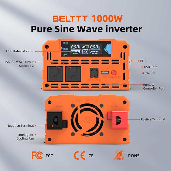 BELTTT 1000Watt Pure Sine Wave Inverter 12V DC to 120V AC for RV, Truck, Off-Grid Solar Car Power Inverter 12V to 110V Converter with Dual AC Socket and 5V 2.1A USB, Intelligent LCD, 2000W Peak