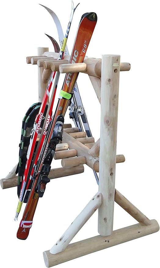 17-Pair Freestanding Skis + Snowboard Log Rack, Standing Shorter Ski Storage Racks, Snowboard Sports Organizer, Ski Poles Garage Sports Equipment Organizer, Rack for Snowboards - Natural