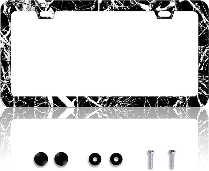 Black White Camouflage License Plate Frame Branches Trunks Camo License Plate Frames Personalise Stainless Steel Funny Design Compatible with Standard Holder for USA Canada 6 X 12 Inch with Screws