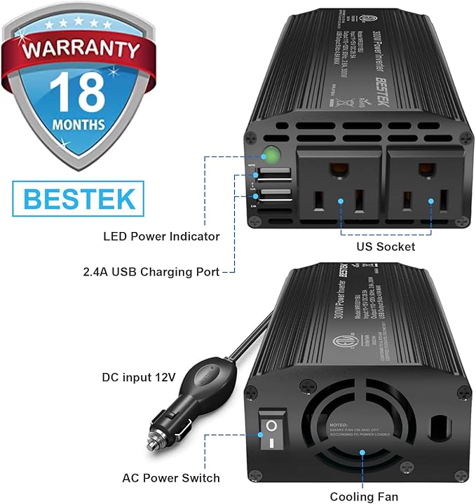 BESTEK 300W Power Inverter DC 12V to 110V AC, Durable Aluminum Housing Car Charger Adapter with 4.8A Dual USB Fast Charging Port, Car Plug in Cigarette Lighter Outlet for Phone, Laptop
