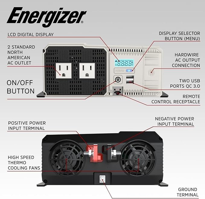 Energizer 1100 Watt 12V to 110v Pure Sine Wave Inverter Dual AC Outlets & USB, Installation Kit Included, Automotive Power for Tools, Camping Essentials & Car Accessories - ETL Approved UL STD 458