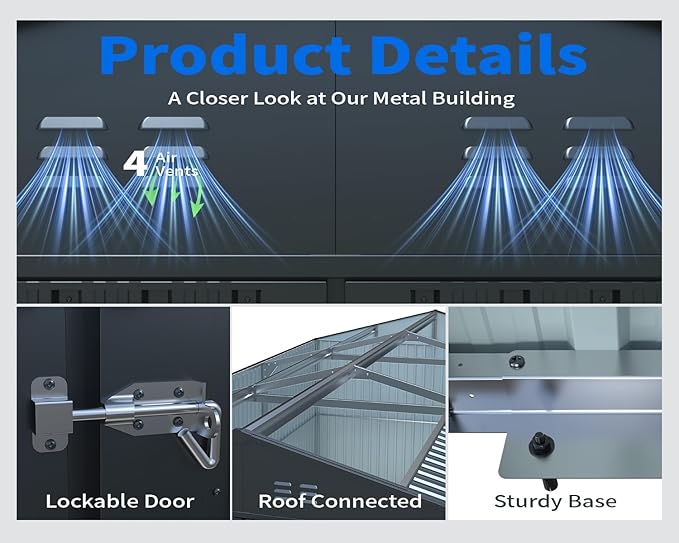 10x20 Metal Shed, Metal Garage Building with 2 Lockable Doors, Prefab Garage Shed with 4 Air Vents, Large Sheds & Outdoor Storage Clearance, Car Sheds for Truck, Tool, Lawnmower, Black