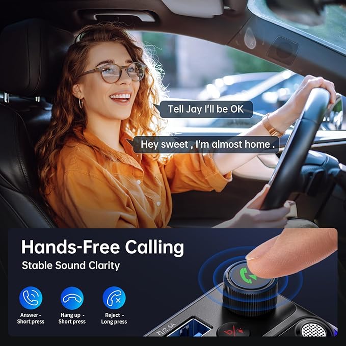 Syncwire Bluetooth 5.4 FM Transmitter Car Adapter 42W [Light Switch] [Stronger Dual Mics] [HiFi Bass Sound] [Fast Charging] Wireless FM Radio Music Adapter Hands-Free Calling Support USB Drive, Blue