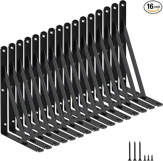 16 Pack L11 x H 8" Black Heavy Duty Shelf Brackets with Screws Metal Shelf Brackets Shelf Support Angle Brackets for Shelves L Brackets Heavy Duty Floating Shelf