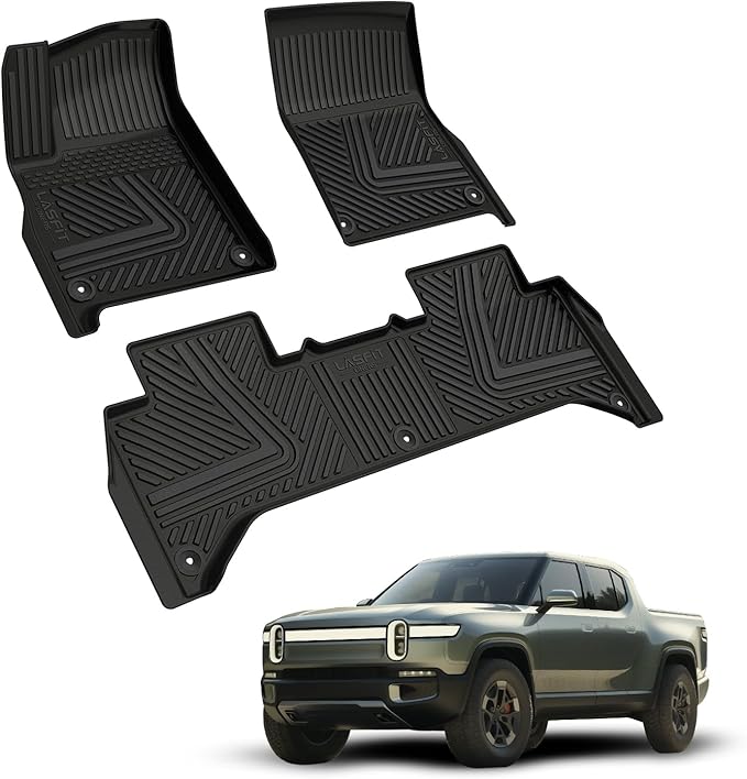 LASFIT Floor Mats for Rivian R1T 2024 2023 2022, All Weather Floor Liner TPE Custom Fit Car Mats for Rivian R1T 1st & 2nd Row Rubber Mats, Black,Tasteless, Durable and Easy to Clean