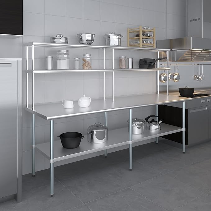 Amgood Stainless Steel Work Table Double Tier Overshelf | Metal Kitchen Prep Table & Shelving Combo (30" x 96" Work Table + 12" Overshelf)