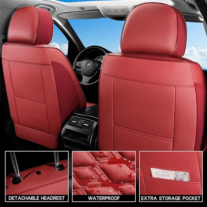 Car Seat Covers Full Set, Leather Seat Covers for Cars, Car Seat Protector Waterproof, Non-Slip Car Interior Covers Fit for Most Cars, SUV, Vans, Trucks,5Seaters,Full Set,Wine-Red