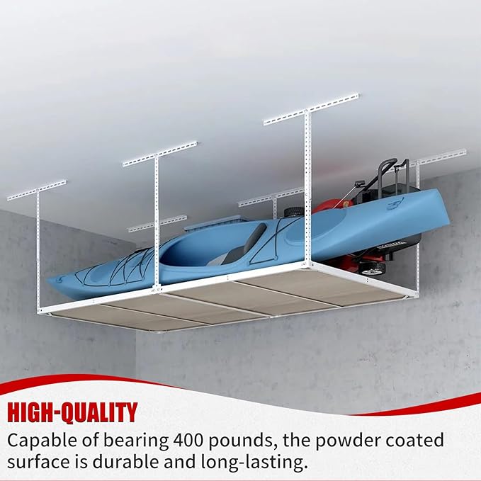 Heavy Duty Overhead Garage Storage Rack, Adjustable Organization System, Metal Garage Ceiling Storage Racks, White