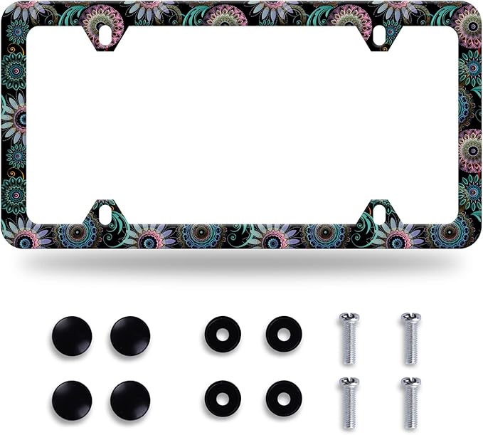 Mandala Flower License Plate Frame License Plate Stainless Steel Parts Funny License Plate Decorative with Screws Size 12.3" x 6.3" for Men Women