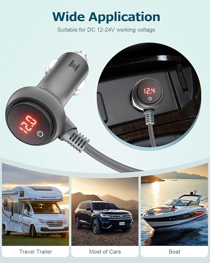 Starlink Mini Cable 10FT Car Adapter for Starlink Mini 12V Adapter with Switch/Digital Display 12V-24V DC Power Cable Cigarette Lighter Car Charger Waterproof Accessories for RV Trucks Boat 18AWG 3M