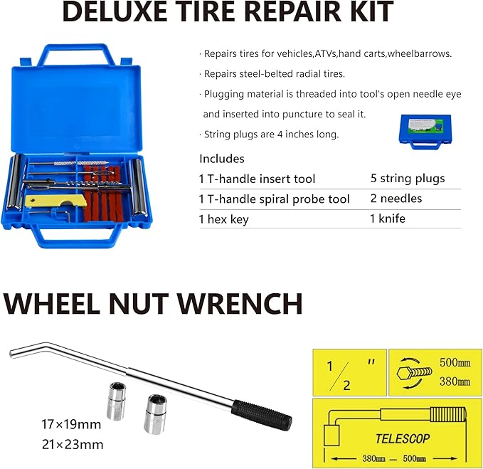 5 Piece Car Truck Floor Jack Service, Hydraulic Trolley Floor Jack & Jack Stands & Tire Repair Kit & L-Wrench for Garage, Repair Shop, DIY, Lift Range 3.3"-15.2", 2 Ton/4000 LBS Capacity, Red