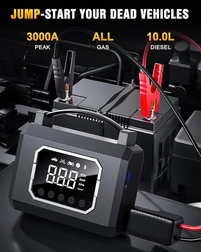 Jump Starter 3000A, Car Battery Jumper Starter Portable (All Gas 10L Diesel Engine) with 65W Quick Charger, 12V Portable Jump Box with 4 Modes Flashlight and Jumper Cable (Black)
