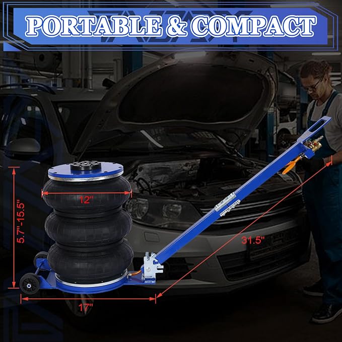5T Triple Bag Air Jack 11000lbs Pneumatic Jack 3s Fast Lift Up 16in Airbag Jack with Adjustable Long Handle Heavy Duty Triple Air Bag Jack Lift for Cars Garage (Blue)
