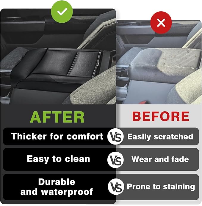 Muslogy Center Console Armrest Cover Compatible with Ford F250 F350 F450 2023 2024 2025 Super Duty Comfort Armrest Pad Arm Rest Cushion Vegan Leather Protector Regular Thick(Bucket Seat ONLY)