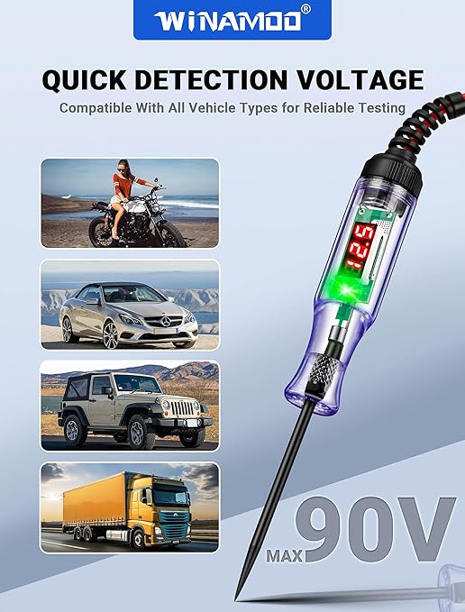 Test Light Automotive 5-90V Digital LED Circuit Tester with Voltage Display, Auto Bidirectional Voltage Tester, Electric Test Pen with Extended Spring Wire & Probe for Car RV Fuse Checker