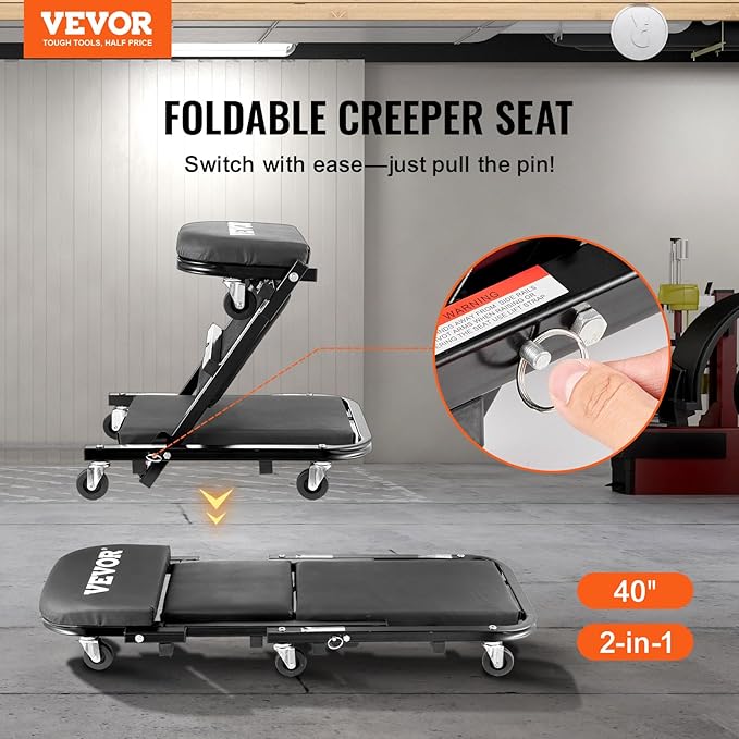 VEVOR Foldable Z Garage Creeper, 40 in, 450 lbs Load Capacity Rolling Folding Mechanic Creeper Stool, with 6 Universal Wheels Padded Seat Steel Frame, Lay Down or Sit Chair for Garage Shop or Home