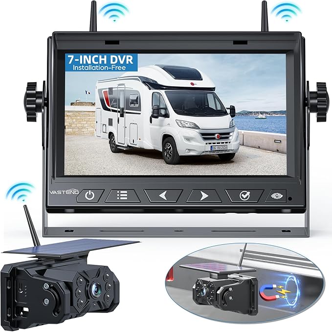 Magnetic Solar Wireless Backup Camera No Installation VASTEND 1080P 7'' RV Backup Camera with 10000mAh Rechargeable Battery for Box Truck Trailer Camper Car Caravan Rearview Reversing Camera (VS-7A)