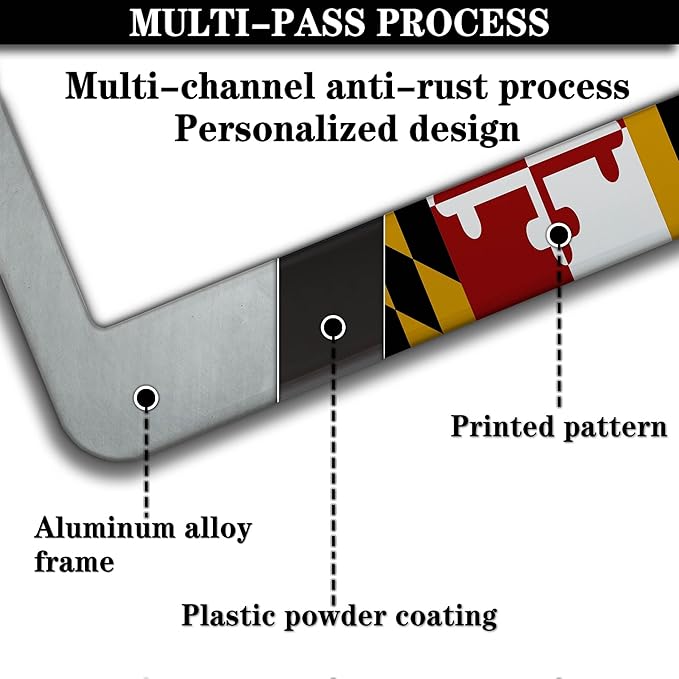 Front License Plate Bracket Multicolor License Plate Frames Flag of Maryland Universal Aluminum Car Accessory 2 Pack with Screw Covers Set