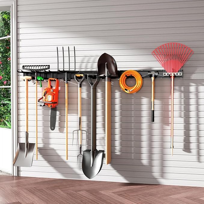 Garage Tool Organizer Wall Mount, Garage Storage, Garage Organization,64 Inch Garage Organizer Wall Mounted,4 Rails and 10 Adjustable Hooks,Max 550lbs (Black)