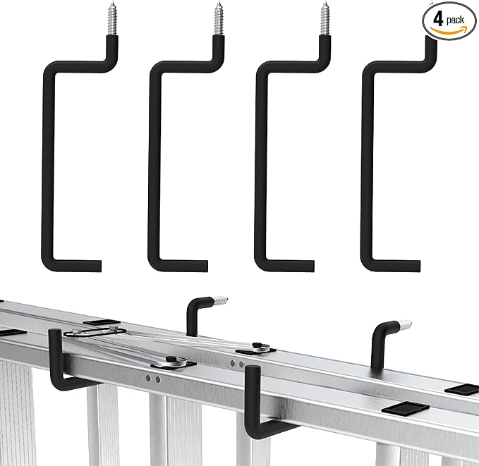 HUHOLE Ladder Hooks 4 Pack Wall Hangers - Ideal for Garage Storage: Ladder, Chair, Cord, Hose, Wheelbarrow