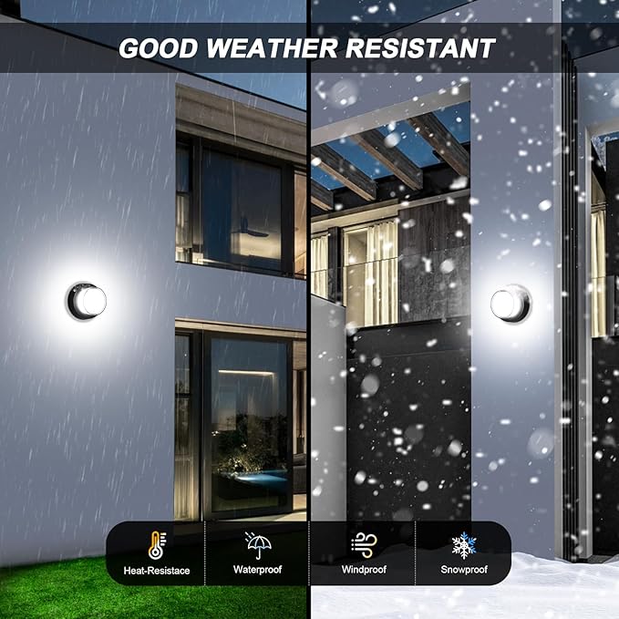 Outdoor LED Flood Lights, Waterproof Modern Exterior Wall Light, 12W Anti Rust Outside Porch Lighting with 6000K Daylight Small Circle Wall Mount Fixtures for House Backdoor Yard Entryway