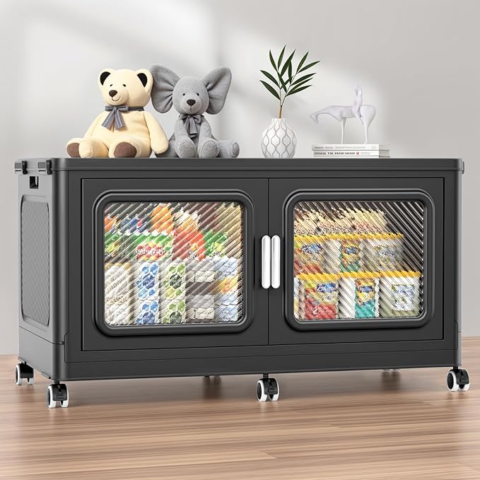 220 Qt Stackable Storage Bin with Lids, 55Gal Extra Large Collapsible Storage Boxes, Folding Plastic Drawer, Heavy-Duty Store Cabinet, Closet Organizer for Home Kitchen, 1 Pack Black