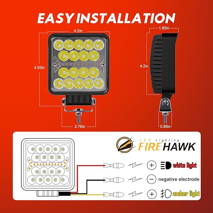 Firehawk LED Light Pods Bar 4 Inch 30000LM 60W Square Spot Flood Amber White Driving Offroad Fog Work Backup Bumper for Truck Jeep ATV UTV SUV Tractor Motorcycle 4x4 Cart Trailer Boat Waterproof 2PCS