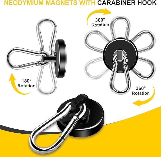 DIYMAG Black Magnetic Hooks, 110LBS Strong Heavy Duty Neodymium Magnet Hooks with Swivel Carabiner Hook, Great for Your Refrigerator and Other Magnetic Surfaces, Pack of 7