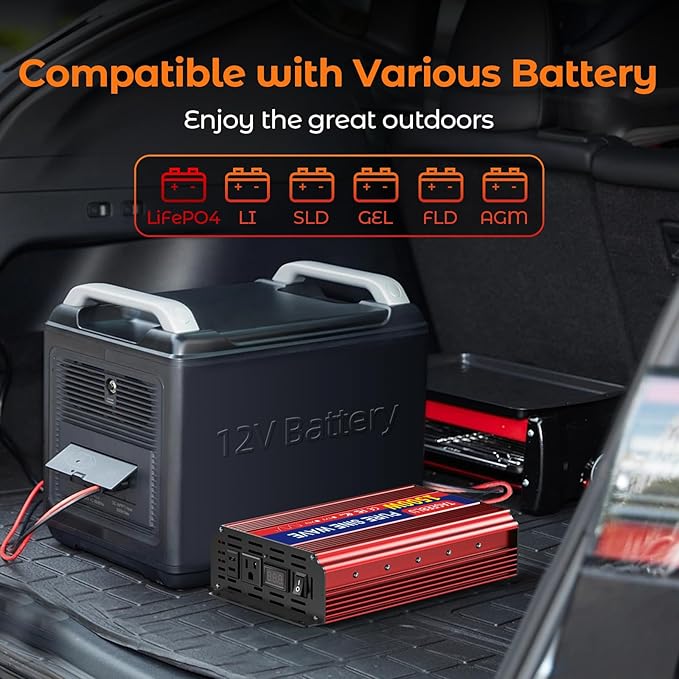 1500W Pure Sine Wave Inverter, 12V DC to 110V/120V AC Power Inverter for RV、Off Grid、Truck、with 2 AC outlets and LCD Display