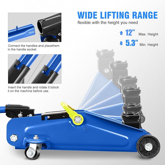 DNA MOTORING Low Profile Hydraulic Trolley Service/Floor Jack, 1.5 Ton (3000 lbs) Capacity, Lifting Range 5.3"-12",Blue,TOOLS-00327
