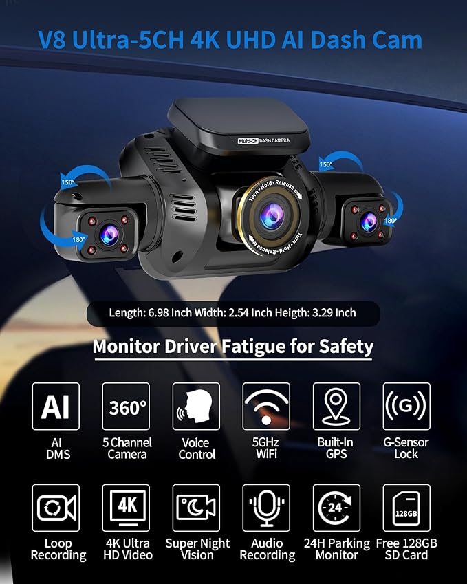 360° View 5 Channel Dash Cam Front and Rear with AI Driver Monitor System DMS, 4K Dash Camera for Cars, Built-in GPS WiFi Night Vision, Dashcam with 128G Card, 24/7 Parking Monitor Mode, V8 Ultra-5CH