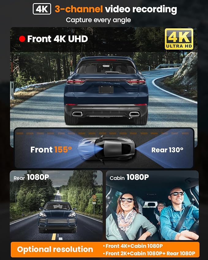 4K 3 Channel Dash Cam, 2160P+1080P+1080P Front and Rear Inside Car Camera with 64GB Card, WiFi Built-in GPS, 3“ IPS Screen, IR Night Vision, G Sensor, WDR, 24/7 Parking Mode(F3)