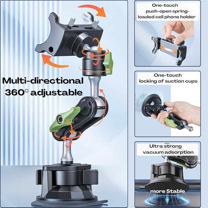 Suction Cup Phone Mount, Ultra-Stable Phone Holder for Vlog Shooting, 360 Rotation for Windshield, Roof Glass, Car Window, Fit for All Smartphones