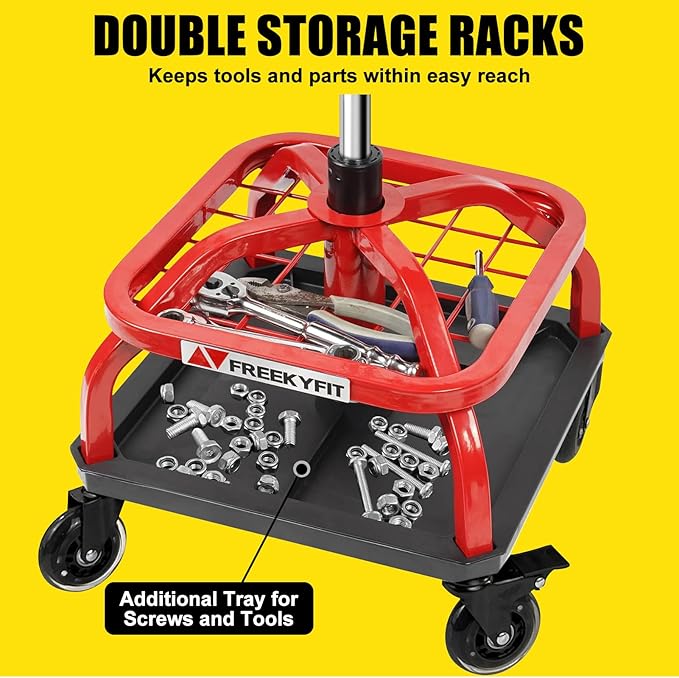 Rolling Shop Stool with Wheels, Garage Work Mechanic Stool with Backrest, Roller Mechanic Chair, Adjustable Height, 360° Swivel, Tool Tray Storage, 330 LBS Capacity, Heavy Duty, Red
