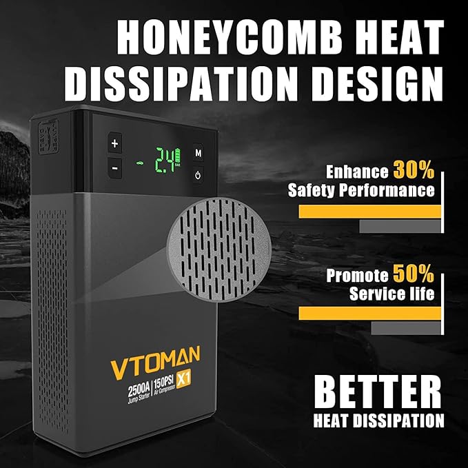 VTOMAN X1 Jump Starter with Air Compressor, Car Battery Jumper Starter (2500A, Up to 8.5L Gas/6L Diesel Engine) with 150PSI Auto Tire Inflator, 12V Portable Booster Pack, Lithium Jump Box Charger-Gray