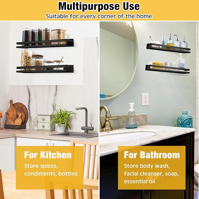 Lallisa 2 Pieces Stainless Steel Shelf Bathroom Shower Floating Shelves Wall Mounted Shower Caddy Basket Shelf Storage Organizer Shelves for Bathroom, Kitchen, Living Room(19.69 Inches/ 50 cm,Black)
